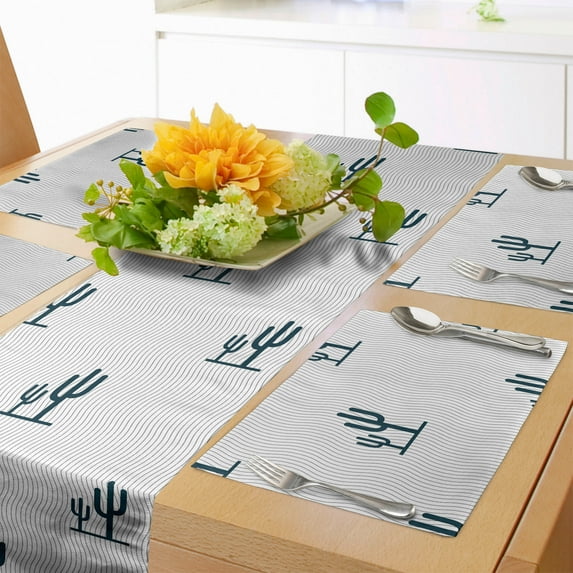 Ambesonne Cactus Table Runner & Placemats, Saguaro Cacti Motif Mexican, Placemat 4 pcs + Runner 12"x72", Blue Charcoal Grey White