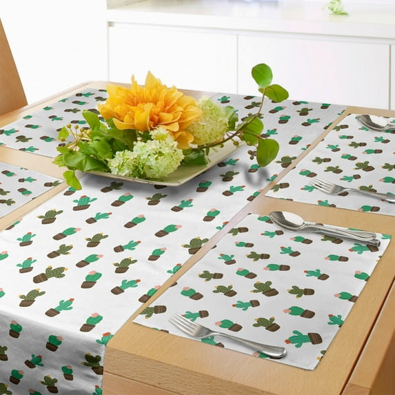 Ambesonne Cactus Theme Table Runner & Placemats, Modern Desert Plant, Placemat 4 pcs + Runner 12"x72", White and Shamrock Green