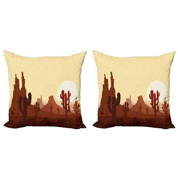 Ambesonne Cactus Throw Pillow Cover 2 Pack, Arid Country Eco Sunset, 20", Yellow Brown Redwood