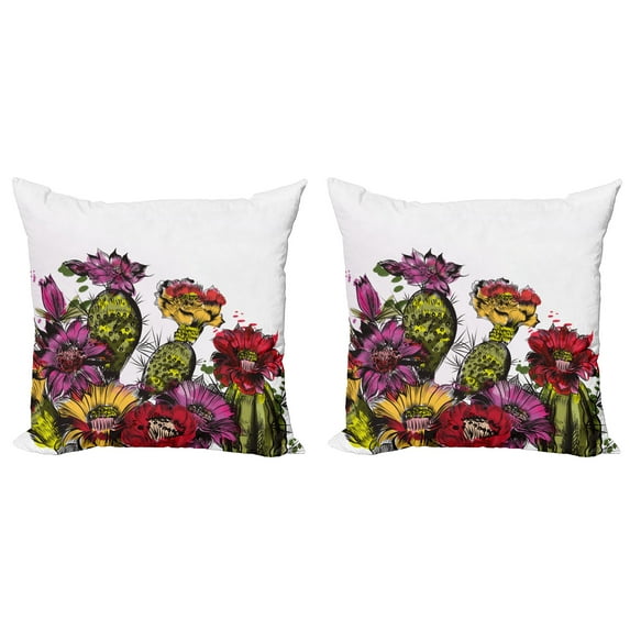 Ambesonne Cactus Throw Pillow Cover 2 Pack, Potted Plant Blossom, 18", Multicolor