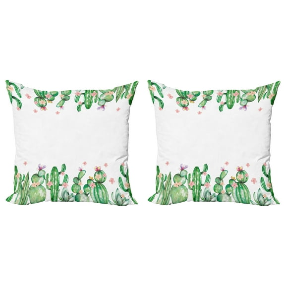 Ambesonne Cactus Throw Pillow Cover 2 Pack, Tender Romantic Blossoms, 24", Green Coral Lavender