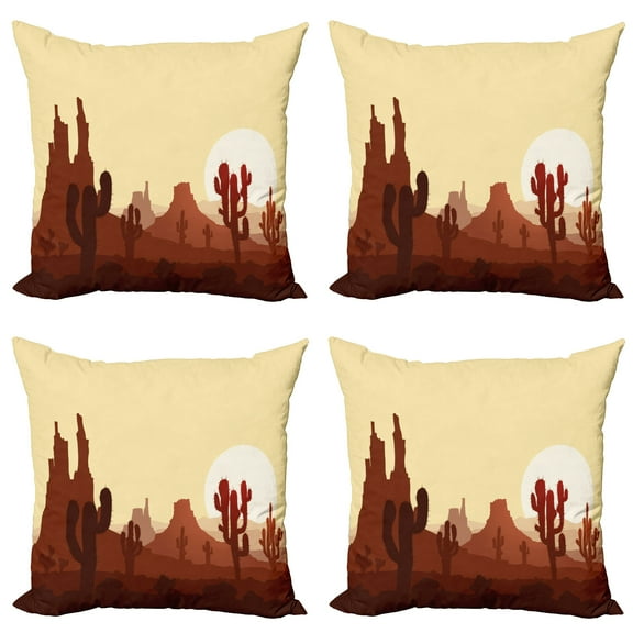 Ambesonne Cactus Throw Pillow Cover 4 Pack, Arid Country Eco Sunset, 16", Yellow Brown Redwood