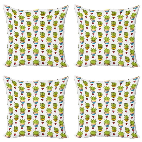 Ambesonne Cactus Throw Pillow Cover 4 Pack, Colorful Succulents in Pots, 16", Multicolor