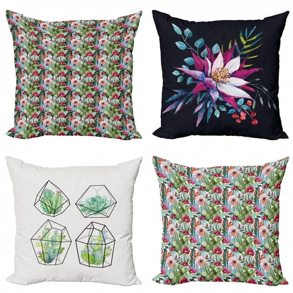 Ambesonne Cactus Throw Pillow Cover 4 Pack, Succulents Flower Bouquet, 24", Multicolor