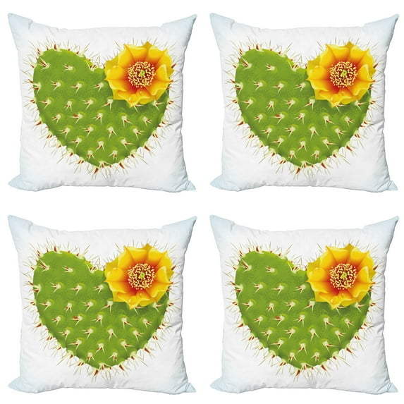 Ambesonne Cactus Throw Pillow Cover 4 Pack, Thorny Opuntia Heart, 20", Green Yellow Orange