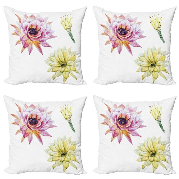 Ambesonne Cactus Throw Pillow Cover 4 Pack, Watercolored Flowers, 20", Pink and White