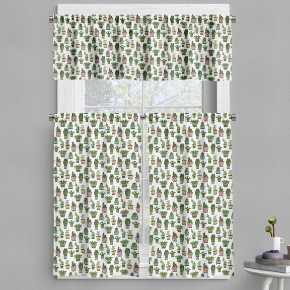 Ambesonne Cactus Valance & Curtain, Succulent Doodle Pots, 55"x36", Multicolor
