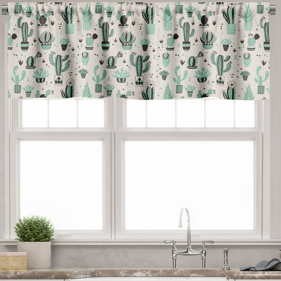Ambesonne Cactus Valance Pack of 2, Geometric Cartoon Plant, 54"X12", Mint Black Beige