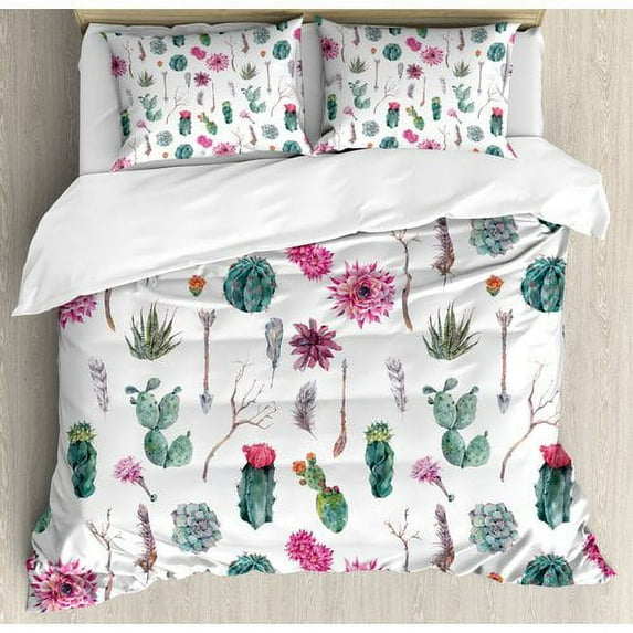 Ambesonne Cactus Vintage Botanical Pattern Arrows Feathers Succulent Twigs Hawaii Spring Tropic Duvet Cover Set
