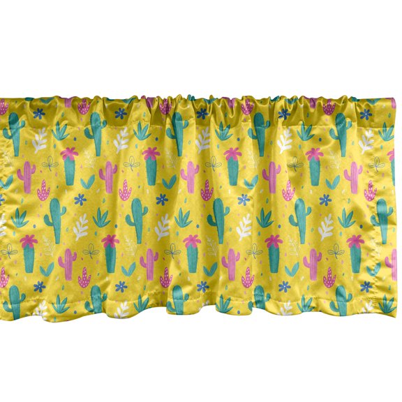 Ambesonne Cactus Window Valance, Desert Themed Plantation with Palm Leaves and Jungle Flowers, Curtain Valance for Kitchen Bedroom Decor with Rod Pocket, 54" X 12", Mustard Pink