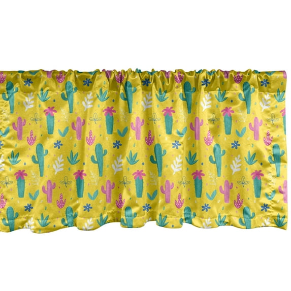 Ambesonne Cactus Window Valance, Desert Themed Plantation with Palm Leaves and Jungle Flowers, Curtain Valance for Kitchen Bedroom Decor with Rod Pocket, 54" X 18", Mustard Pink