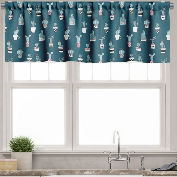 Ambesonne Cactus Window Valance, Funny Succulents in Pots, 54" X 18", Petrol Blue Multicolor