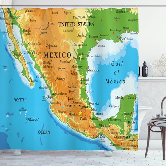 Ambesonne Cacun Shower Curtain, Detailed Map of Mexico Oceans, 69"Wx75"L, Deep Sky Blue Multicolor
