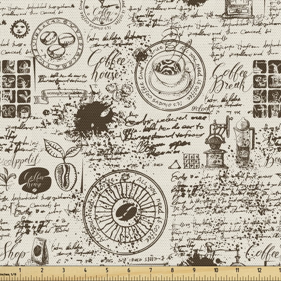 Ambesonne Cafe Fabric by the Yard Upholstery, Coffee Motives Print Artwork, 1 Yard, Dark Cocoa and Champagne