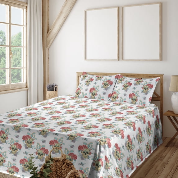 Ambesonne Calavera Fitted & Flat Sheet with Shams 4 Pcs Set, Day of the Dead Skull Rose, Full, Seafoam Cream and Coral
