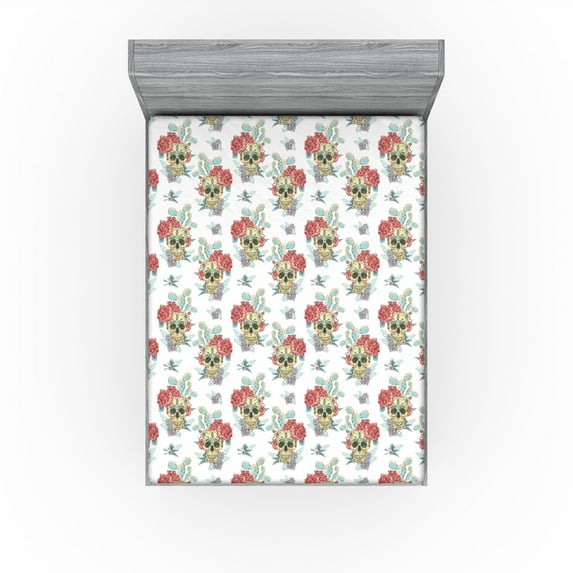Ambesonne Calavera Fitted Sheet, Day of the Dead Skull Rose, California King, Seafoam Cream and Coral