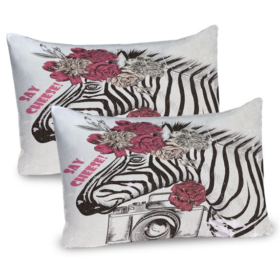 Ambesonne Camera Pillow Sham 2 Pack, Zebra Head Say Cheese Words, 36"x20", Dark Blue Grey Coconut