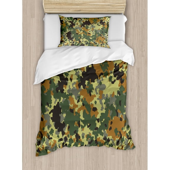 Ambesonne Camo Duvet Cover Sets, Classic Germany Pattern, 2-Twin, Green Brown Dark Green