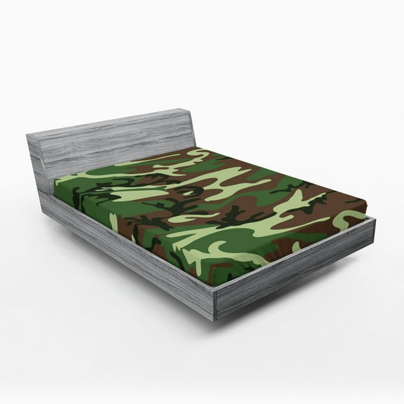 Ambesonne Camo Fitted Sheet 2 Pcs Set, Classic American Woodland, Queen, Green Brown Forest Green