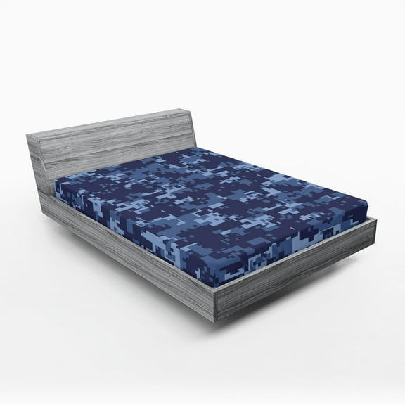 Ambesonne Camo Fitted Sheet 2 Pcs Set, Grunge Camouflage Style Effect, King, Pale Blue and Dark Blue