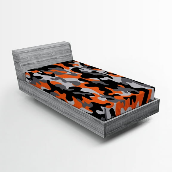 Ambesonne Camo Fitted Sheet 2 Pcs Set, Modern Design, Twin, Orange Grey Black