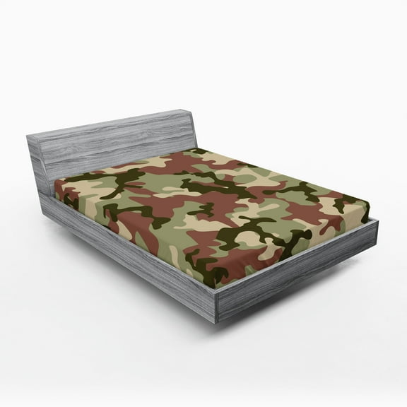 Ambesonne Camo Fitted Sheet 2 Pcs Set, Pattern in Forest Colors, Queen, Dark Green Army Green