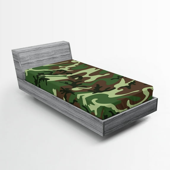Ambesonne Camo Fitted Sheet, Classic American Woodland, Twin Size, Green Brown Forest Green