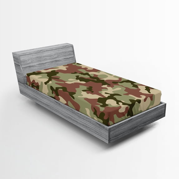 Ambesonne Camo Fitted Sheet, Pattern in Forest Colors, Twin Size, Dark Green Army Green
