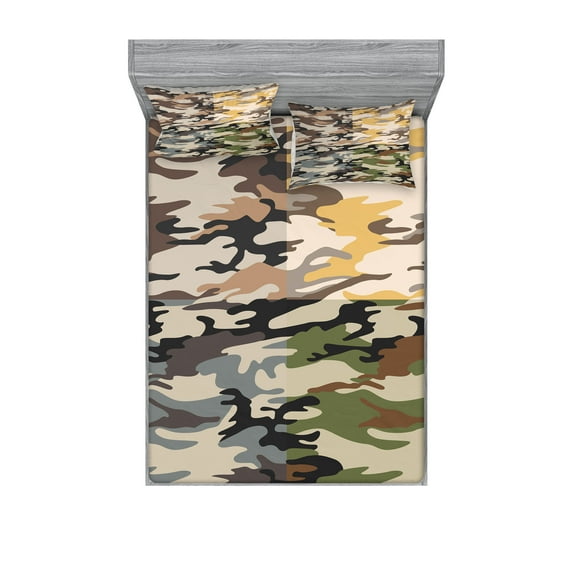 Ambesonne Camo Fitted Sheet & Pillow Sham Set, Different Colored Patterns, King, Multicolor