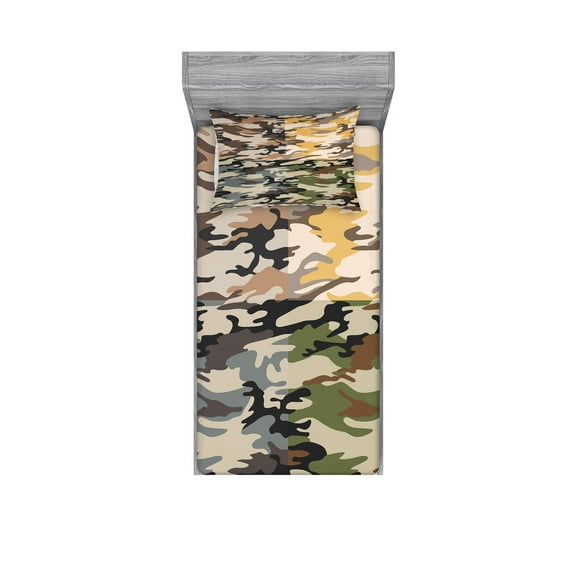 Ambesonne Camo Fitted Sheet & Pillow Sham Set, Different Colored Patterns, Twin, Multicolor