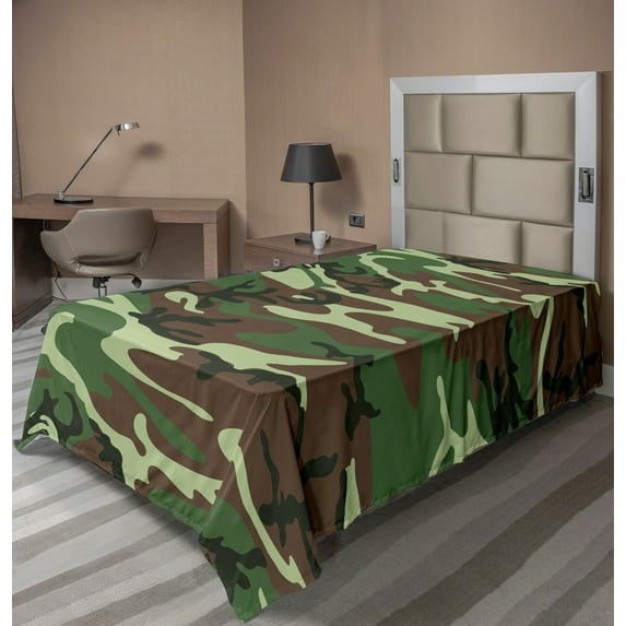 Ambesonne Camo Flat Sheet, Classic American Woodland, Twin Size, Green Brown Forest Green