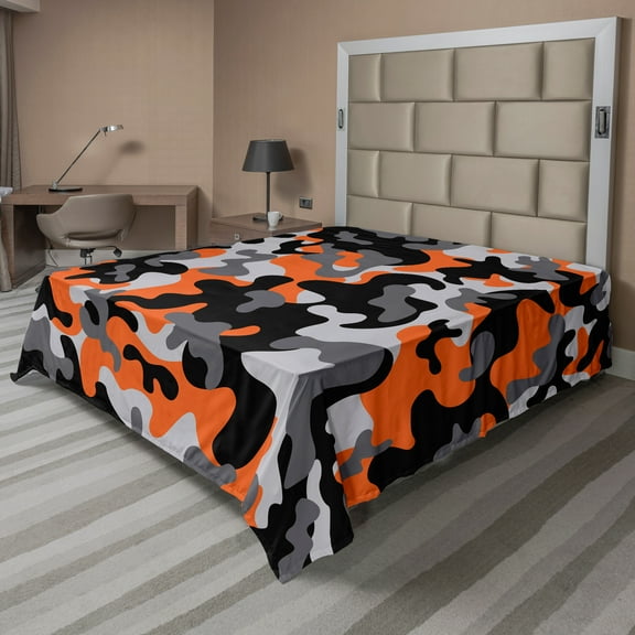 Ambesonne Camo Flat Sheet, Modern Design, Queen Size, Orange Grey Black