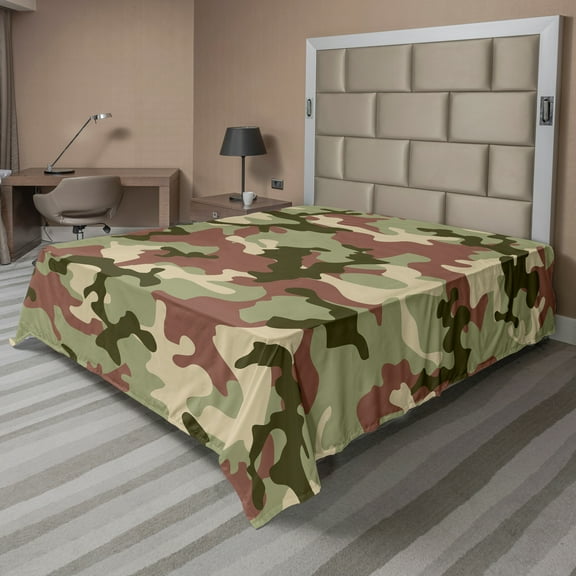 Ambesonne Camo Flat Sheet, Pattern in Forest Colors, Full Size, Dark Green Army Green