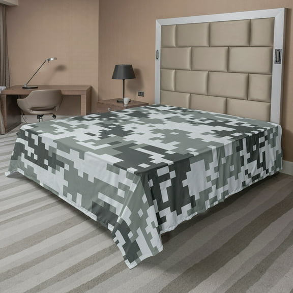 Ambesonne Camo Flat Sheet, Pixel Effect Digital Grey, Full Size, Grey Pale Grey Grey