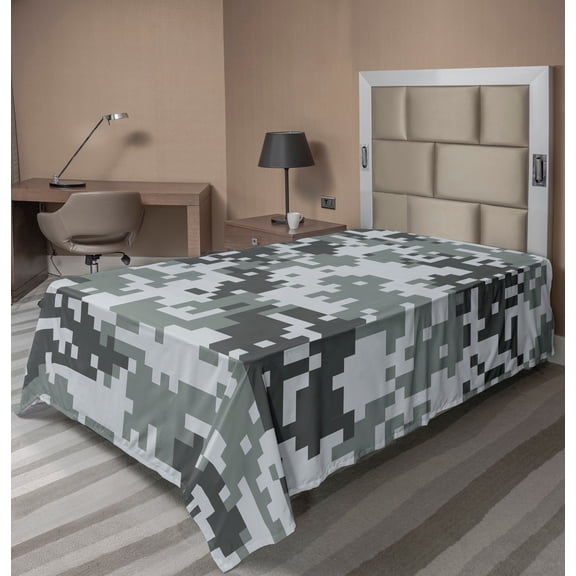 Ambesonne Camo Flat Sheet, Pixel Effect Digital Grey, Twin Size, Grey Pale Grey Grey