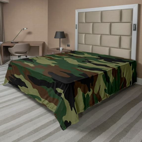 Ambesonne Camo Flat Sheet, Uniform Inspired Fashion, King Size, Green Brown Forest Green