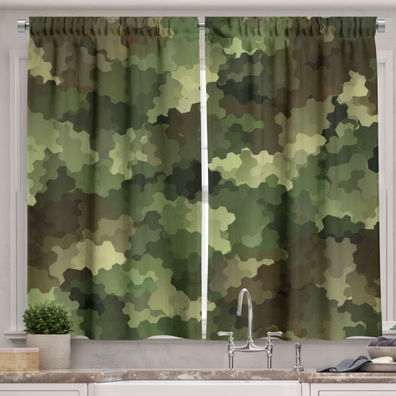 Ambesonne Camo Kitchen Curtains, Glass Effect Abstract, 55"x39", Pale Green Brown Green