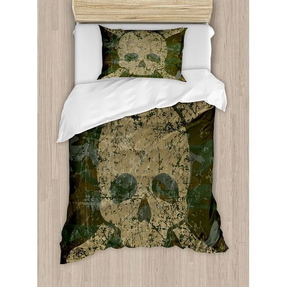 Ambesonne Camo Military Texture with Skull and Crossbones Aged Rusty Soldier Grunge Style Duvet Cover Set