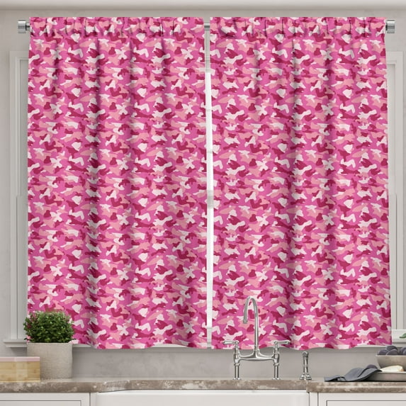 Ambesonne Camo Print Kitchen Curtains, Camouflage Shapes Art, 55"x45", Pink Blush and Raspberry