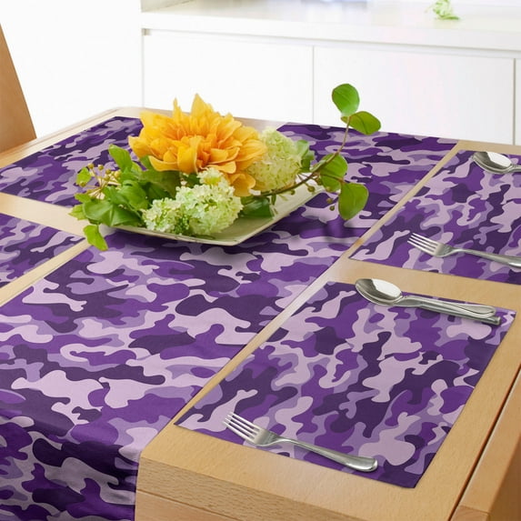 Ambesonne Camo Print Table Runner & Placemats, Purple Toned Camouflage, Placemat 4 pcs + Runner 12"x90", Dark Purple and Violet