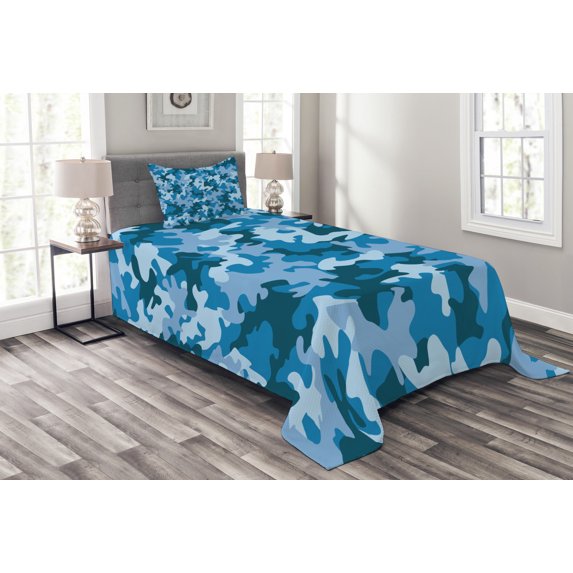 Ambesonne Camo Quilted Bedspread Set 2 Pcs, Dark with Pale Motifs, Twin Size, Blue and Pale Blue