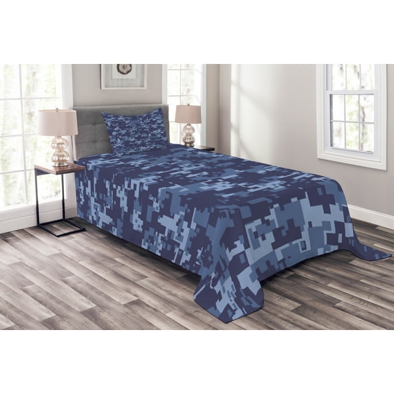 Ambesonne Camo Quilted Bedspread Set 2 Pcs, Grunge Camouflage Style Effect, Twin Size, Pale Blue and Dark Blue