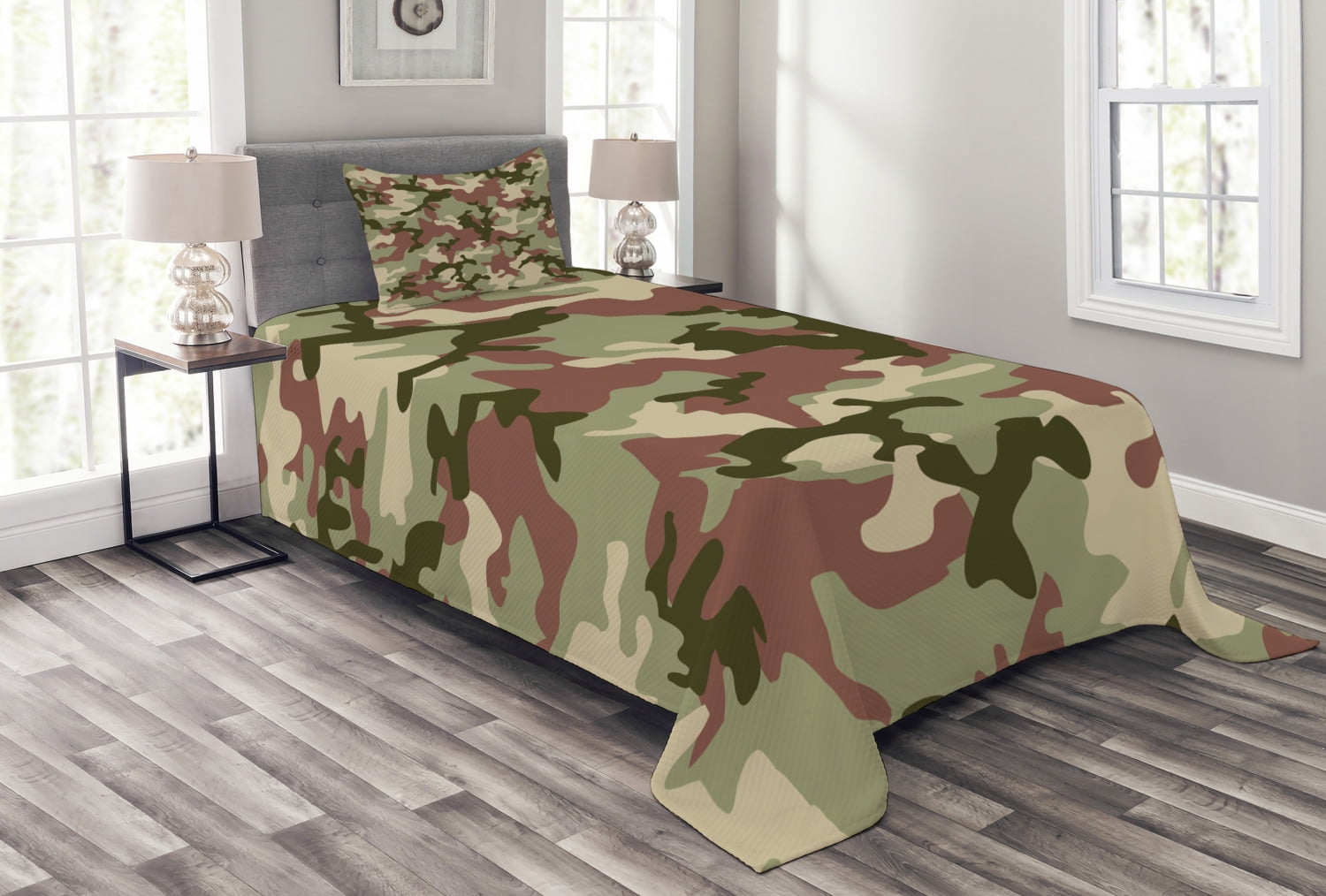 Twin White Quilted Camo Bedspread Set with Pillow Sham