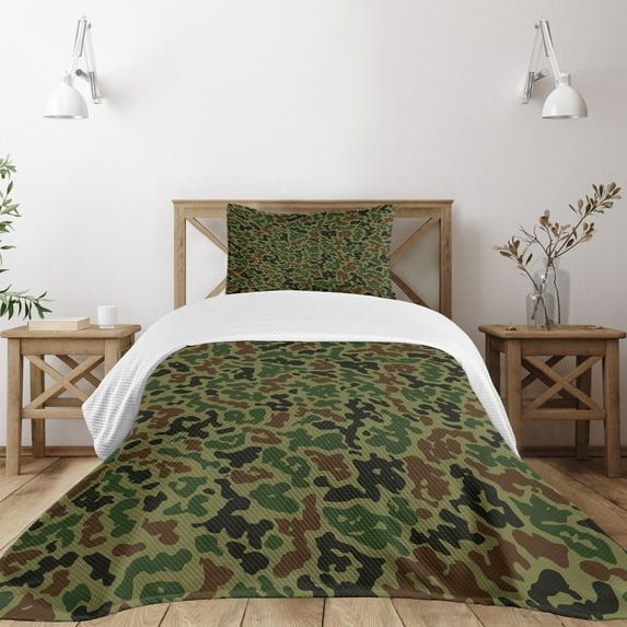 Ambesonne Camo Quilted Bedspread Set 2 Pcs, Summer Grungy Pattern, Twin Size, Khaki Green Brown