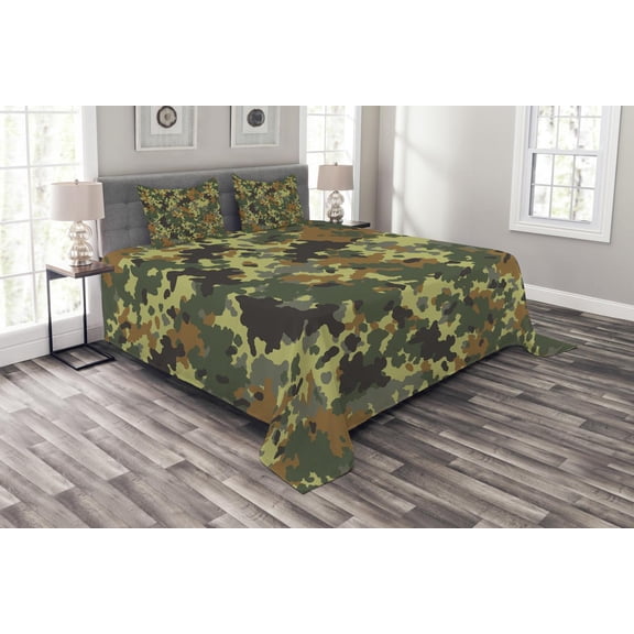 Ambesonne Camo Quilted Bedspread Set 3 Pcs, Classic Germany Pattern, Queen Size, Green Brown Dark Green