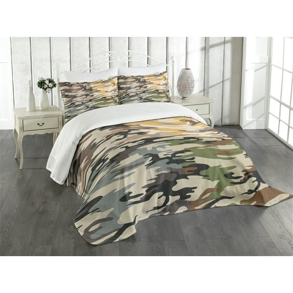 Ambesonne Camo Quilted Bedspread Set 3 Pcs, Different Colored Patterns, Queen Size, Multicolor
