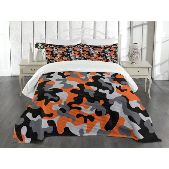 Ambesonne Camo Quilted Bedspread Set 3 Pcs, Modern Design, King Size, Orange Grey Black
