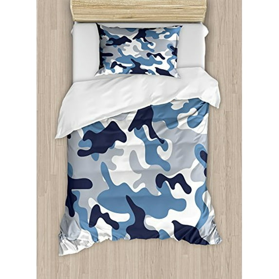 Ambesonne Camouflage Duvet Cover Set, Illustration with Abstract Soft Colors Pattern Camouflage Design, Decorative 2 Piece Bedding Set with 1 Pillow Sham, Twin Size, Blue Indigo