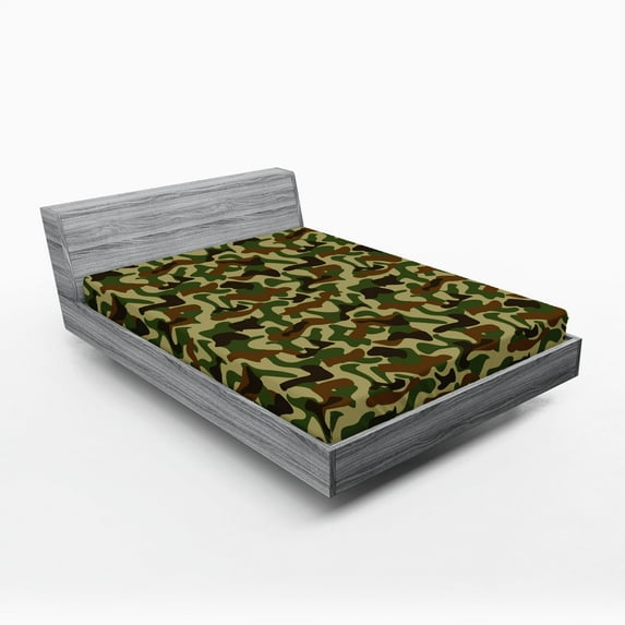 Ambesonne Camouflage Fitted Sheet 2 Pcs Set, Hunter in Forest, Queen, Green Brown Khaki