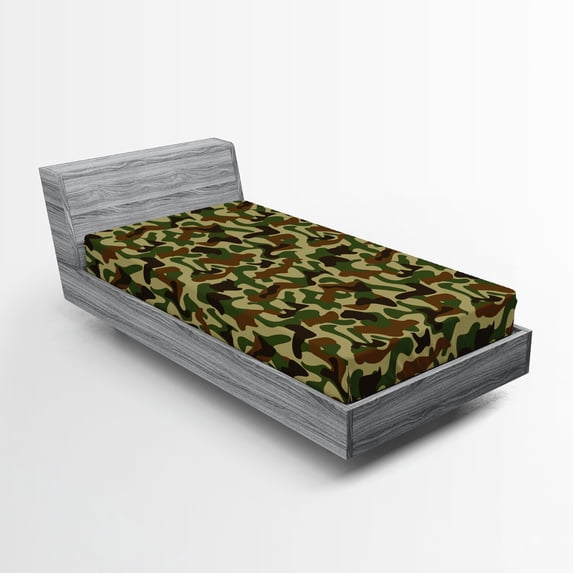 Ambesonne Camouflage Fitted Sheet 2 Pcs Set, Hunter in Forest, Twin, Green Brown Khaki